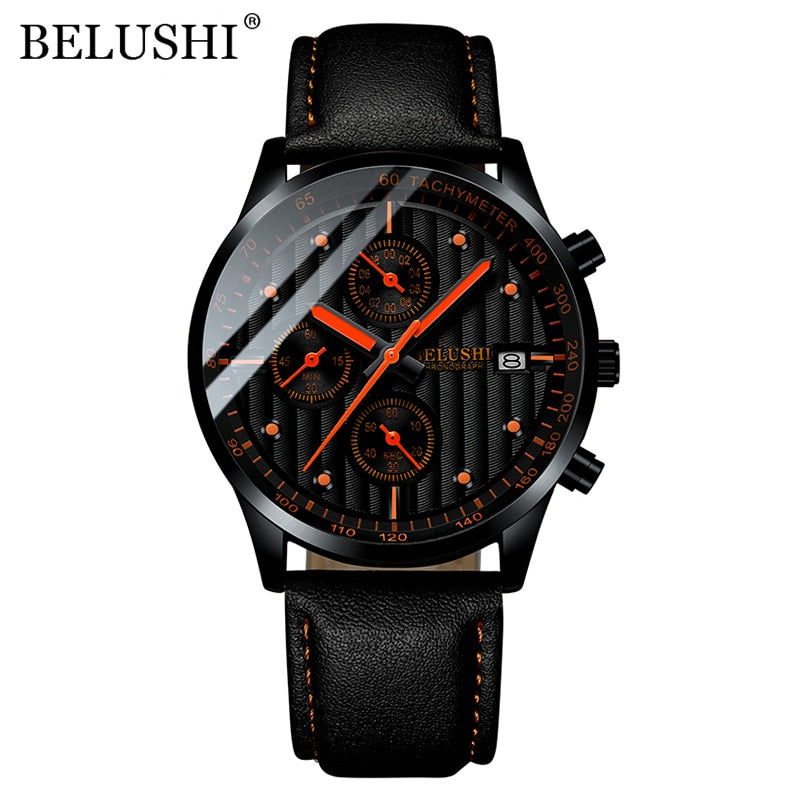 BELUSHI Fashion Leather Men Watches Chronograph Sport Quartz Watch Men Business Waterproof Luminous Wristwatch Relogio Masculino