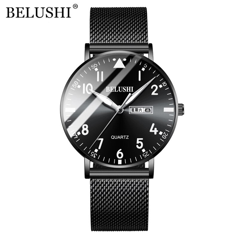 BELUSHI Men Watches Ultra-thin Waterproof Steel Mesh Quartz Watch Men Business Clock Date Calendar Wrist Watch Relogio Masculino