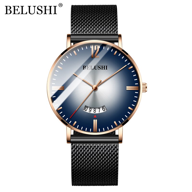 BELUSHI Ultra-thin Mesh Steel Watches Business Waterproof Clock Sport Quartz Watch Men Luxury Brand Date Analog Wrist Watch