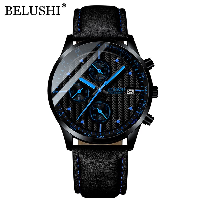 BELUSHI Fashion Leather Men Watches Chronograph Sport Quartz Watch Men Business Waterproof Luminous Wristwatch Relogio Masculino