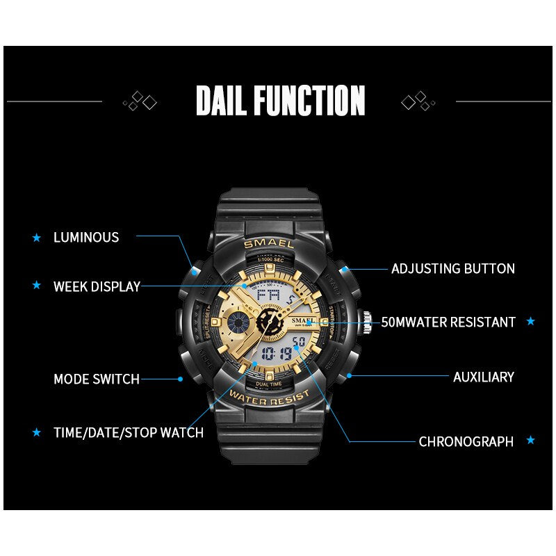 SMAEL Top Brand Men's Watches Luxury LED Sport Waterproof Military Watch Men Casual Digital Chronograph Clock Relogios Masculino