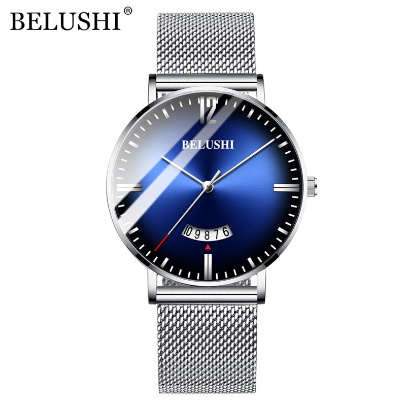 BELUSHI Ultra-thin Mesh Steel Watches Business Waterproof Clock Sport Quartz Watch Men Luxury Brand Date Analog Wrist Watch