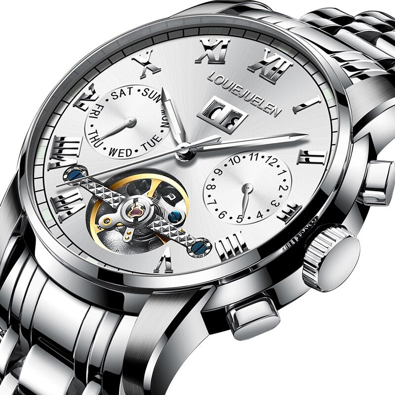 BELUSHI Men Automatic Mechanical Watch Luxury Business Stainless Steel Watches Luminous hands Tourbillon Waterproof Wristwatch
