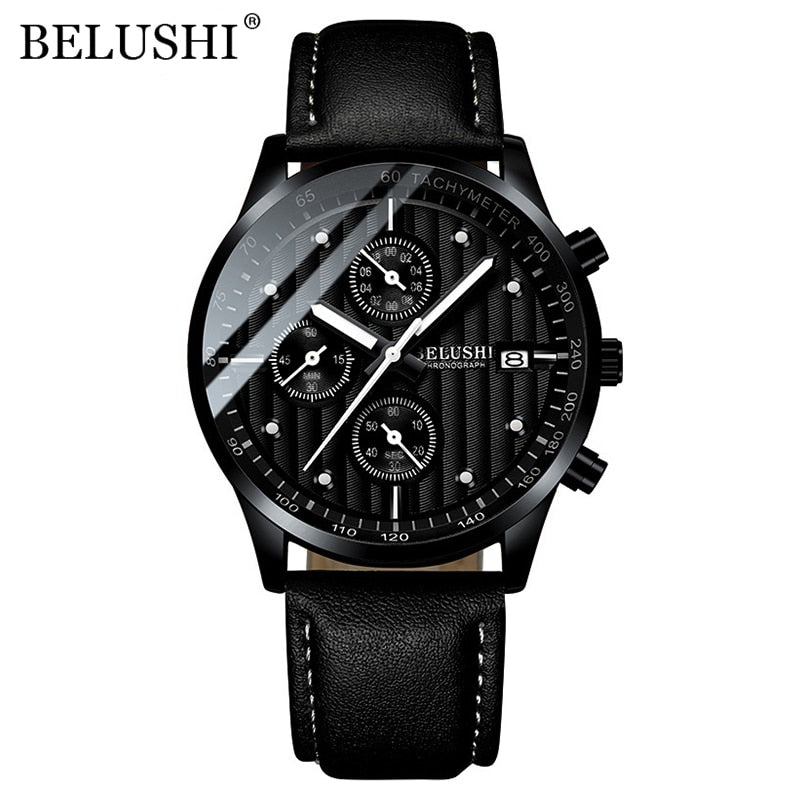 BELUSHI Fashion Leather Men Watches Chronograph Sport Quartz Watch Men Business Waterproof Luminous Wristwatch Relogio Masculino