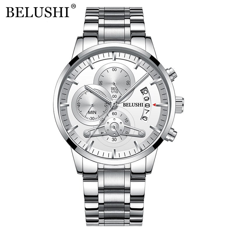 BELUSHI Watches Mens Waterproof Chronograph Stainless Steel Quartz Watch Men Luxury Brand Sports Wristwatch Relogio Masculino