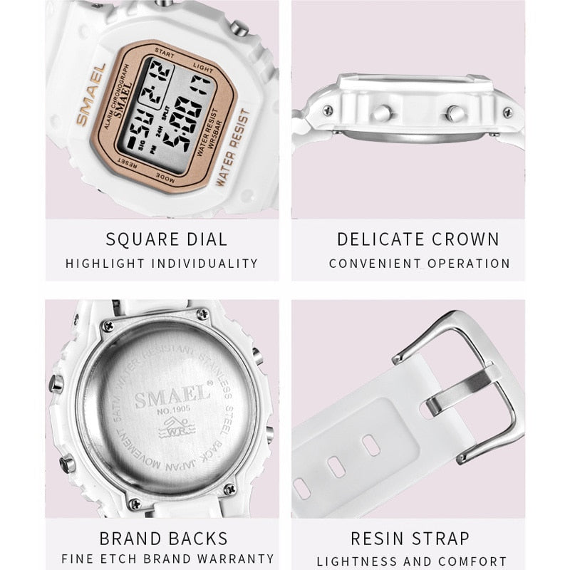 SMAEL Teenager Fashion Digital Watch Women Waterproof Backlight Multifunction Student WristWatch Student Dial LED Ladies Watches