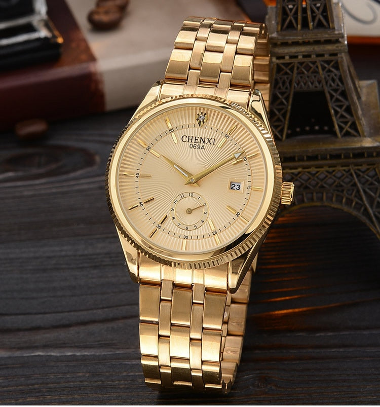 CHENXI Gold Watch Men Watches Top Brand Luxury Famous Wristwatch Male Clock Golden Quartz Wrist Watch Calendar Relogio Masculino