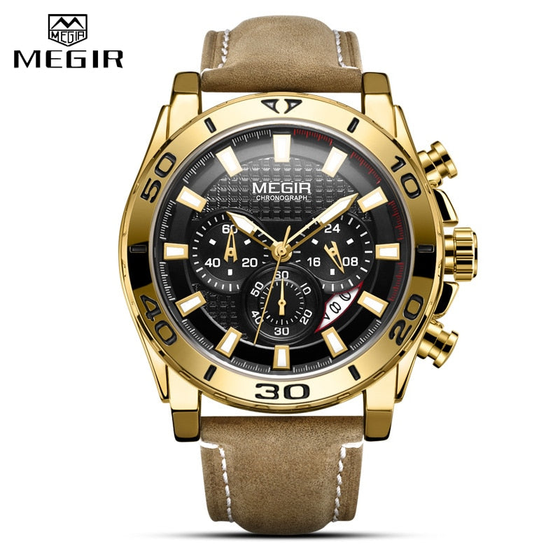 MEGIR Chronograph Mens Watches Top Brand Luxury Golden Men Quartz Watch Leather Waterproof Military Sport Wristwatches Men