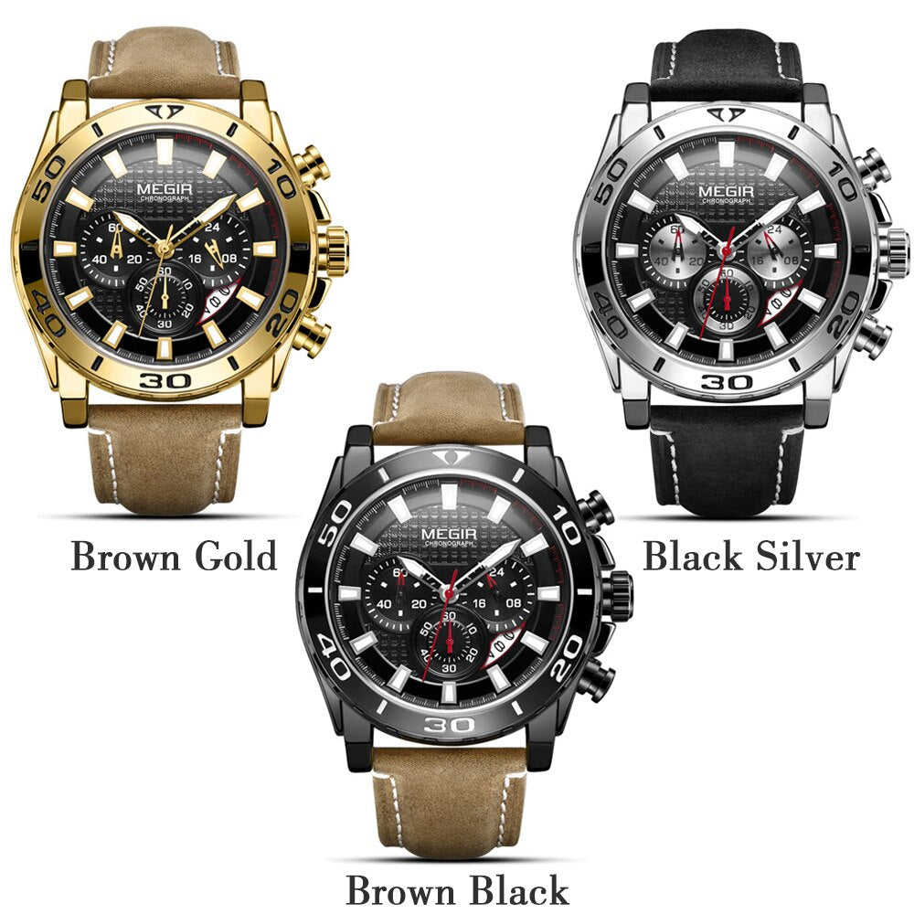 MEGIR Chronograph Mens Watches Top Brand Luxury Golden Men Quartz Watch Leather Waterproof Military Sport Wristwatches Men