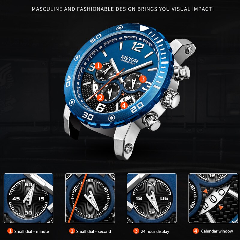 MEGIR New Fashion Blue Men Watch Luxury Brand Chronograph Male Military Sport Waterproof Watch Analog Quartz Relogio Masculino