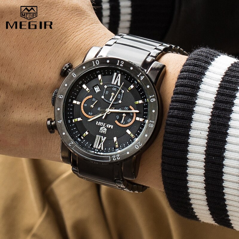 MEGIR Watch Men Fashion Sport Quartz Mens Watches Waterproof Full Steel Business Chronograph Date Male Relogio Masculino