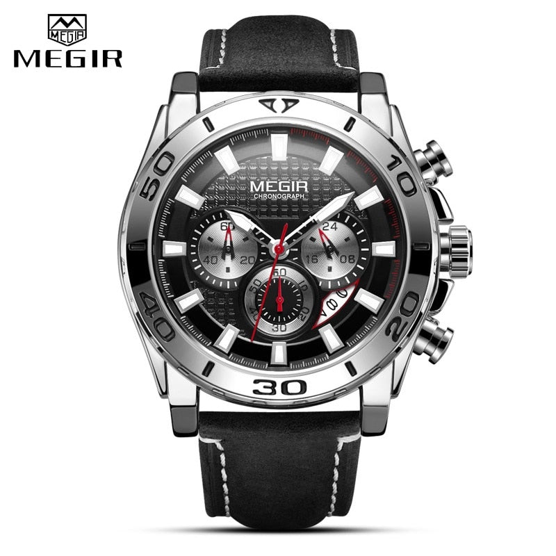 MEGIR Chronograph Mens Watches Top Brand Luxury Golden Men Quartz Watch Leather Waterproof Military Sport Wristwatches Men