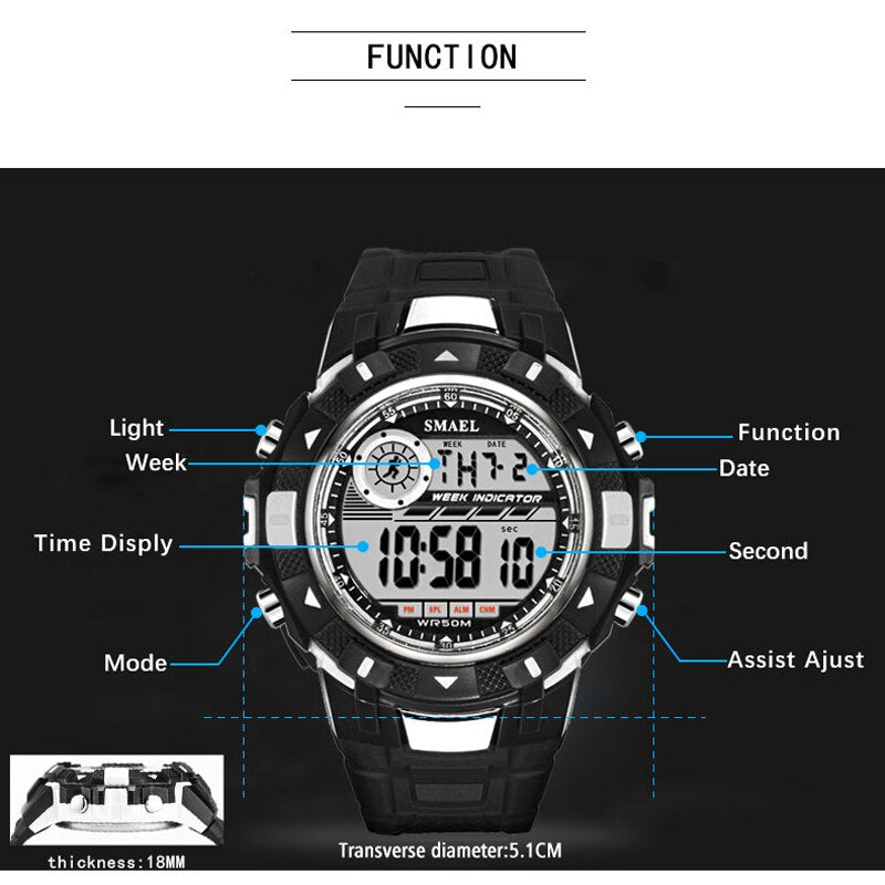 SMAEL Men Sports Watches Digital LED Light Watch Mens Military Watches Top Brand Luxury Electronic Wristwatches Relojes Hombre