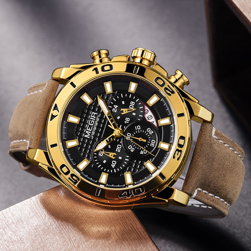 MEGIR Chronograph Mens Watches Top Brand Luxury Golden Men Quartz Watch Leather Waterproof Military Sport Wristwatches Men