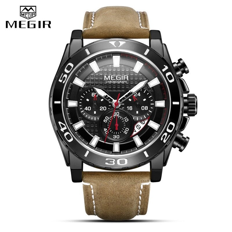 MEGIR Chronograph Mens Watches Top Brand Luxury Golden Men Quartz Watch Leather Waterproof Military Sport Wristwatches Men