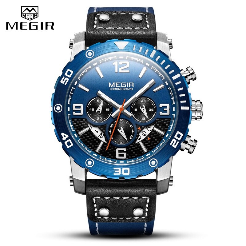 MEGIR New Fashion Blue Men Watch Luxury Brand Chronograph Male Military Sport Waterproof Watch Analog Quartz Relogio Masculino