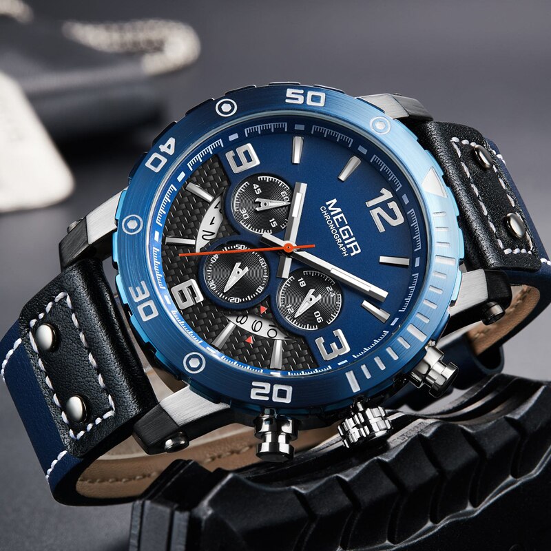 MEGIR New Fashion Blue Men Watch Luxury Brand Chronograph Male Military Sport Waterproof Watch Analog Quartz Relogio Masculino