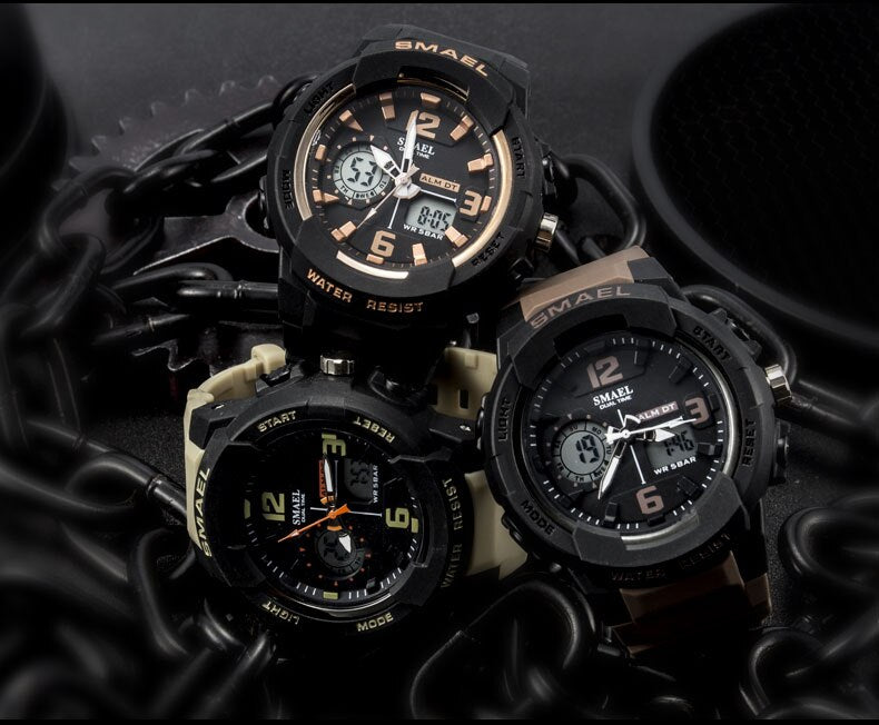 SMAEL Army LED Military Dual Display Wrist Watches Men Golden Digital Sports Watches Men Clock Quartz Watch Relogio Masculino