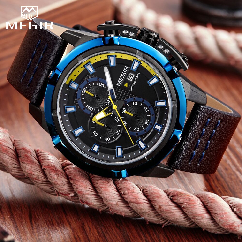 2022 New Fashion Style Top Brand MEGIR Men Watches Male Quartz Wristwatches Luxury Leather Watch Military Analog Quartz-Watch