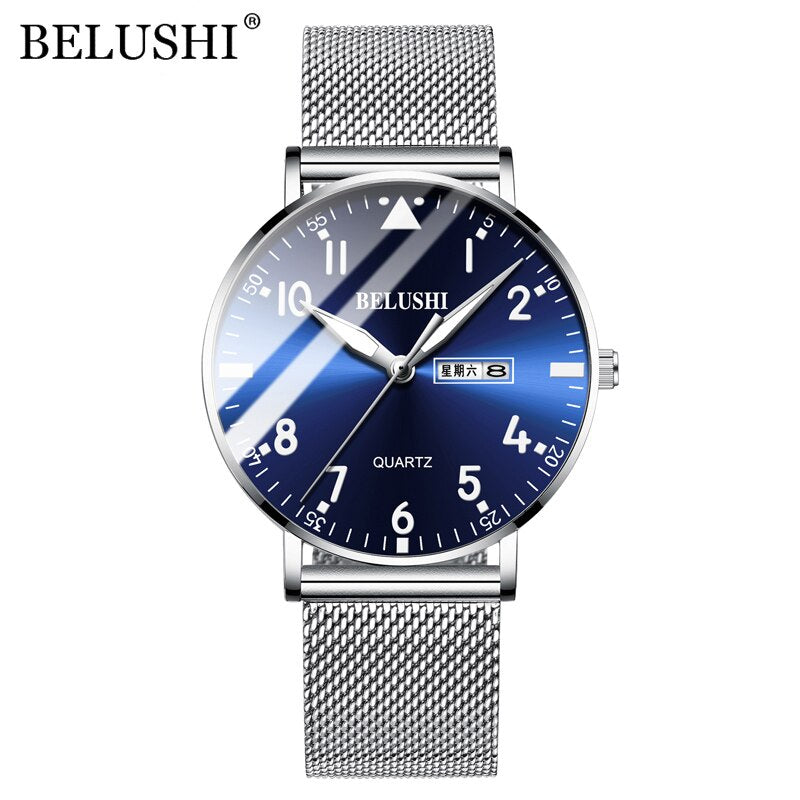BELUSHI Men Watches Ultra-thin Waterproof Steel Mesh Quartz Watch Men Business Clock Date Calendar Wrist Watch Relogio Masculino