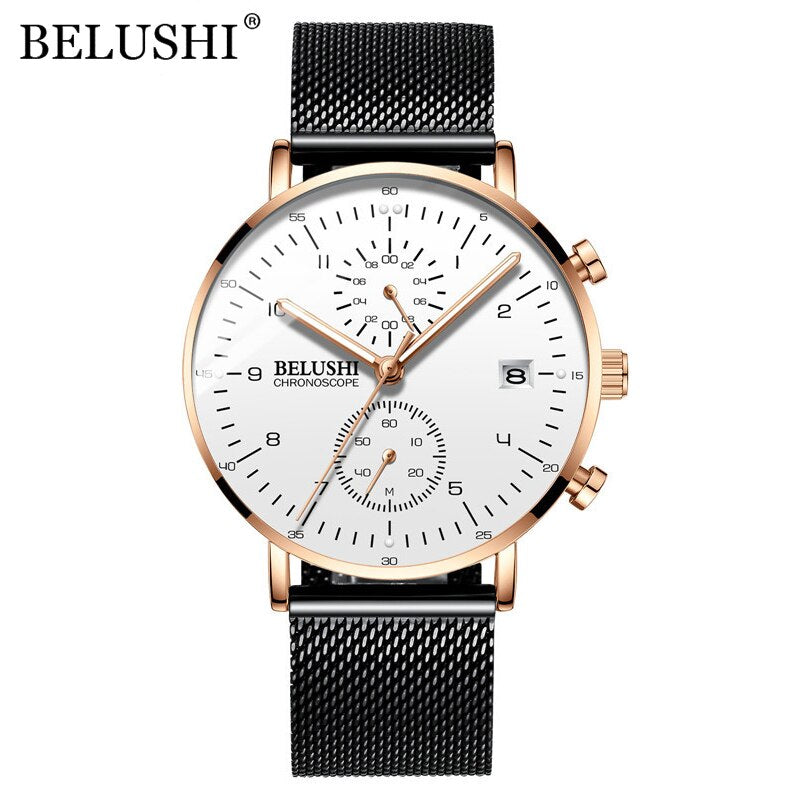 BELUSHI Fashion Watches Top Brand Luxury Ultra-Thin Mesh Steel Sport Quartz Watch Waterproof Clock Relogio Masculino
