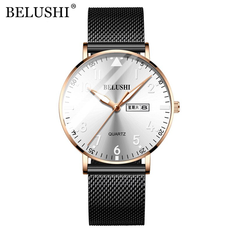 BELUSHI Men Watches Ultra-thin Waterproof Steel Mesh Quartz Watch Men Business Clock Date Calendar Wrist Watch Relogio Masculino