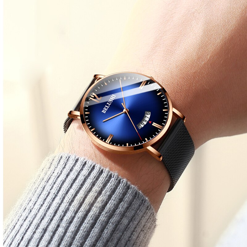 BELUSHI Ultra-thin Mesh Steel Watches Business Waterproof Clock Sport Quartz Watch Men Luxury Brand Date Analog Wrist Watch