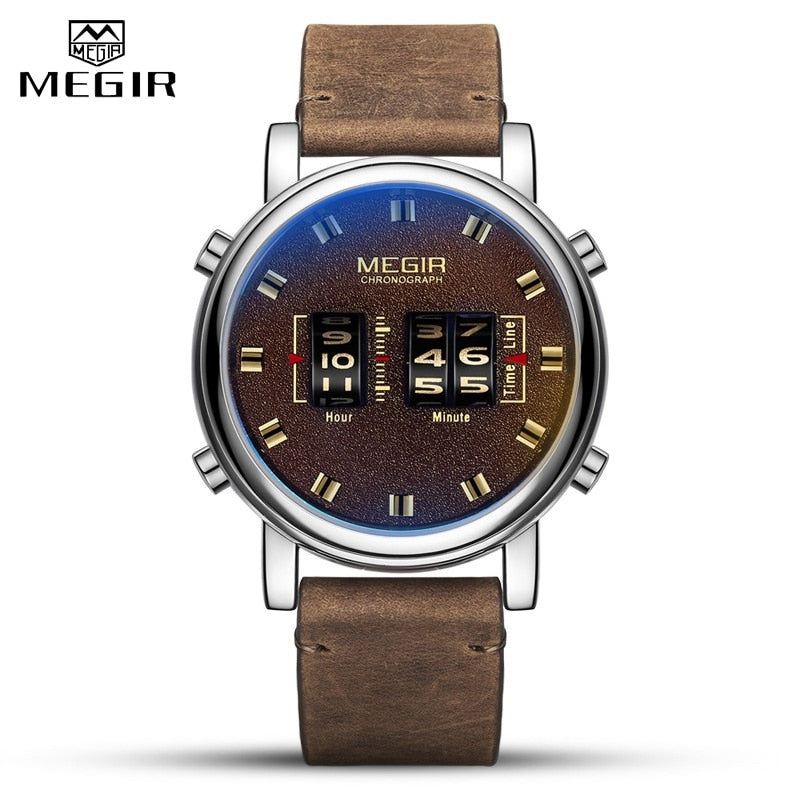 MEGIR Fashion Men Roller Design Business Clock Men Quartz Watch Leather Waterproof Casual Sport Mens Watches Relogio Masculino