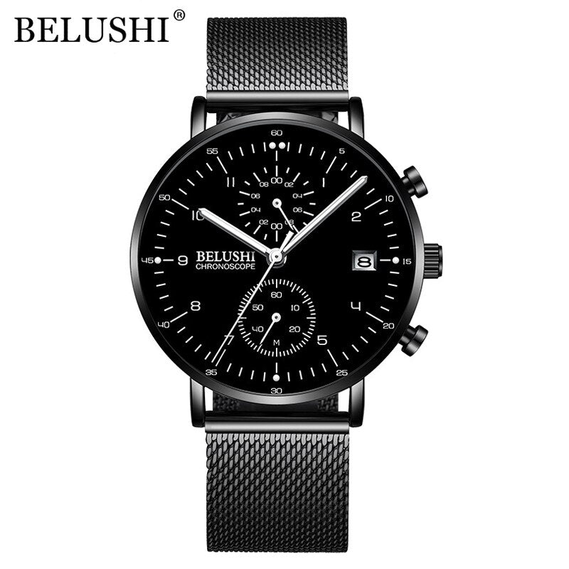 BELUSHI Fashion Watches Top Brand Luxury Ultra-Thin Mesh Steel Sport Quartz Watch Waterproof Clock Relogio Masculino