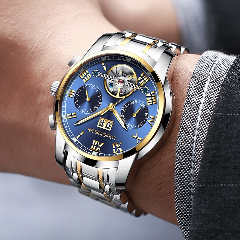 BELUSHI Men Automatic Mechanical Watch Luxury Business Stainless Steel Watches Luminous hands Tourbillon Waterproof Wristwatch