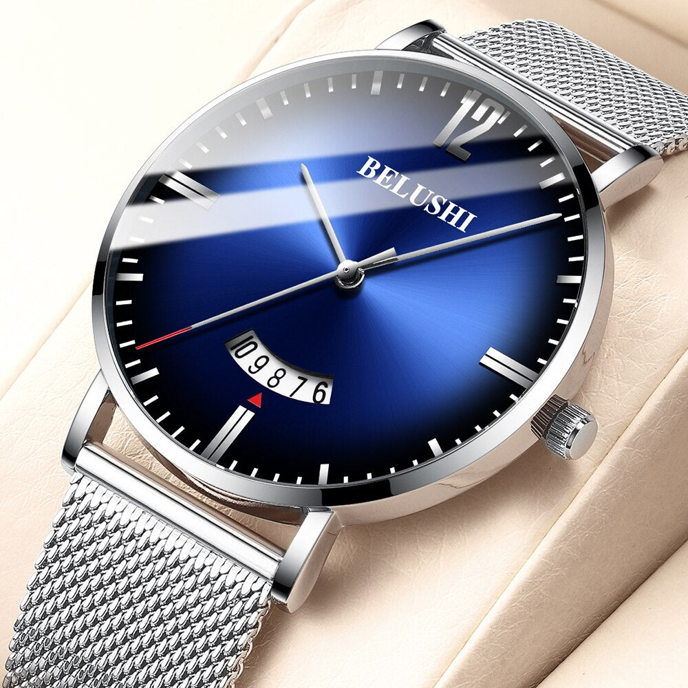 BELUSHI Ultra-thin Mesh Steel Watches Business Waterproof Clock Sport Quartz Watch Men Luxury Brand Date Analog Wrist Watch