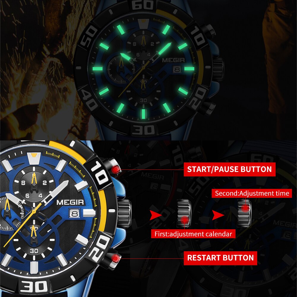 Top MEGIR New Watch Men Sport Waterproof Analogue Quartz Men's Watches With Chronograph Luxury Military Wrist Watch Man Clock