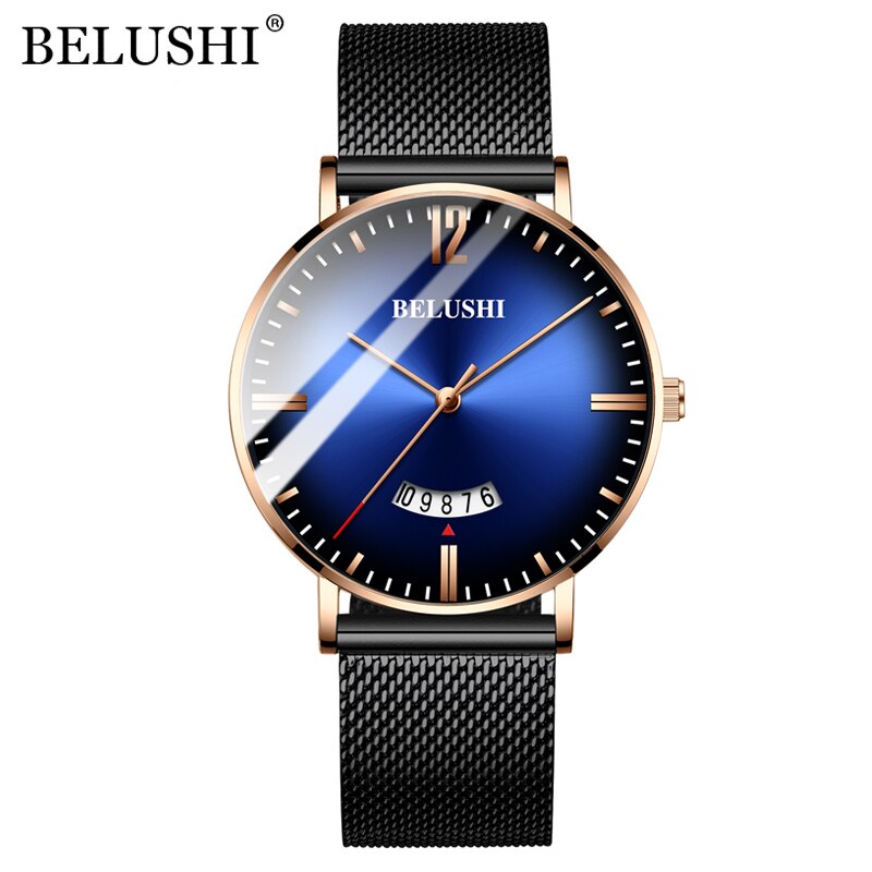 BELUSHI Ultra-thin Mesh Steel Watches Business Waterproof Clock Sport Quartz Watch Men Luxury Brand Date Analog Wrist Watch