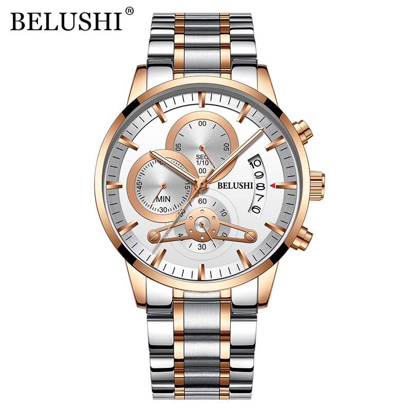 BELUSHI Watches Mens Waterproof Chronograph Stainless Steel Quartz Watch Men Luxury Brand Sports Wristwatch Relogio Masculino