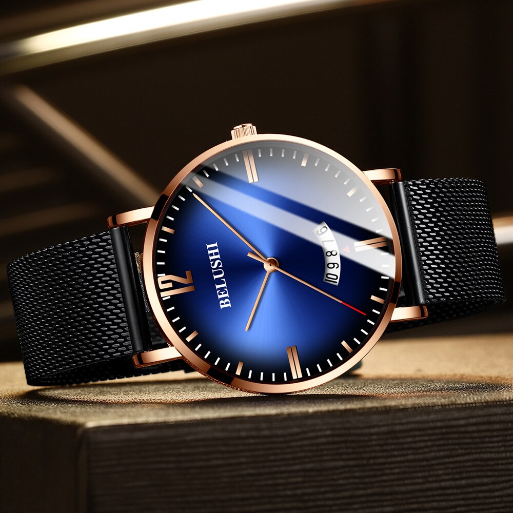 BELUSHI Ultra-thin Mesh Steel Watches Business Waterproof Clock Sport Quartz Watch Men Luxury Brand Date Analog Wrist Watch