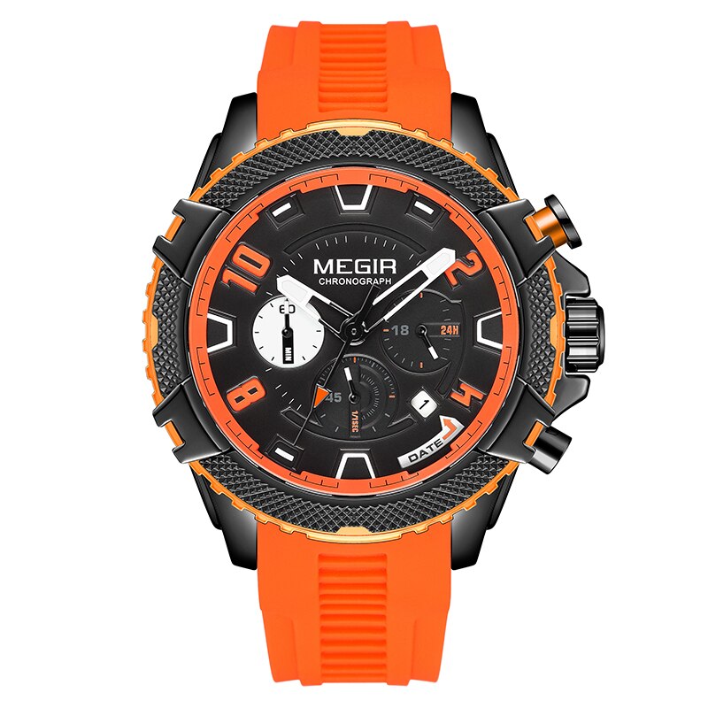 MEGIR Fashion Men Watches with Calendar Chronograph Waterproof Black Silicone Strap Sport Quartz Wristwatch Auto Date 24-hour