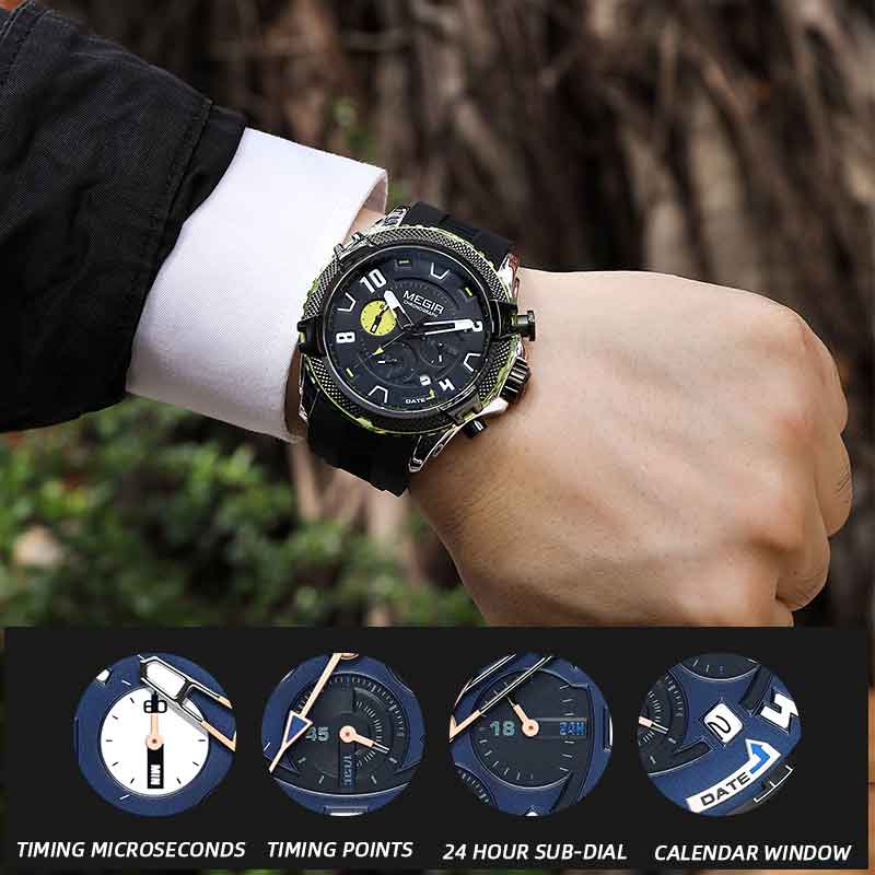 MEGIR Fashion Men Watches with Calendar Chronograph Waterproof Black Silicone Strap Sport Quartz Wristwatch Auto Date 24-hour