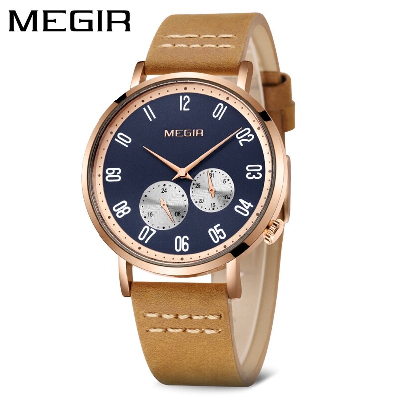 MEGIR Brown Leather Band Luxury Watches Fashion Quartz Wristwatch Brand Waterproof Analog Sport Watch Male Clock