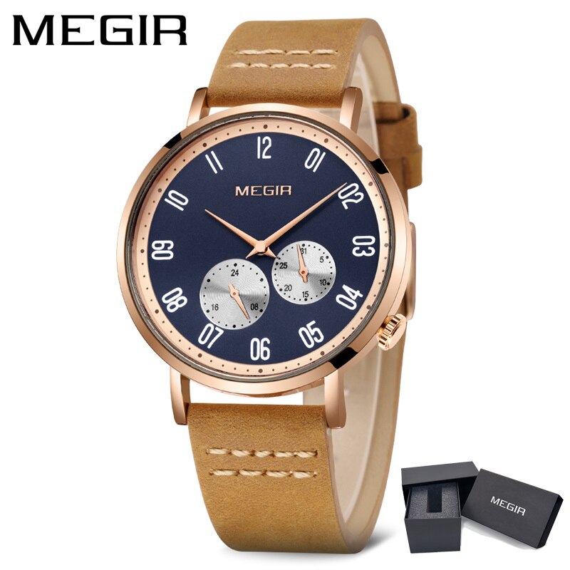 MEGIR Brown Leather Band Luxury Watches Fashion Quartz Wristwatch Brand Waterproof Analog Sport Watch Male Clock