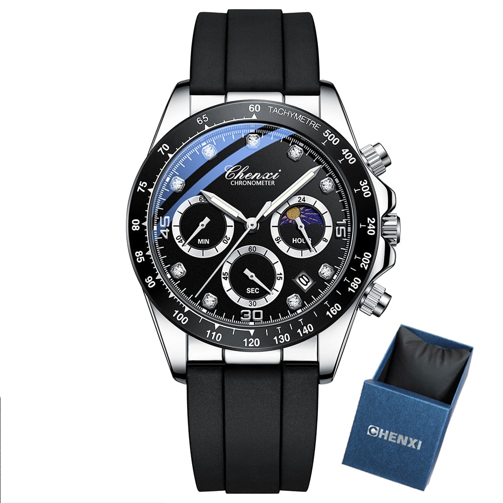 CHENXI Fashion Chronograph Mens Watches Date Waterproof Quartz Sport Wrist Watch Men Casual Leather Analog Watch Male Clock