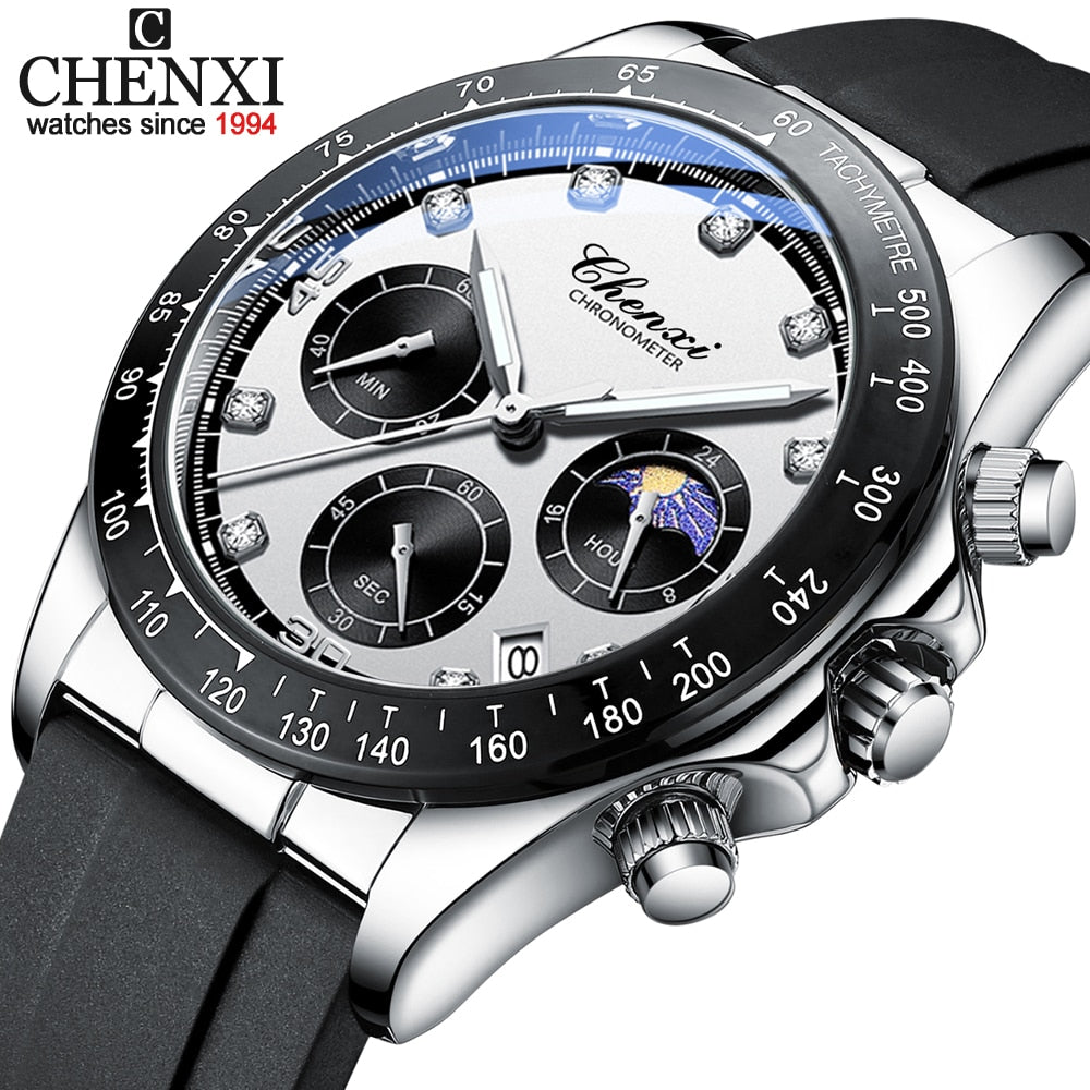 CHENXI Fashion Chronograph Mens Watches Date Waterproof Quartz Sport Wrist Watch Men Casual Leather Analog Watch Male Clock