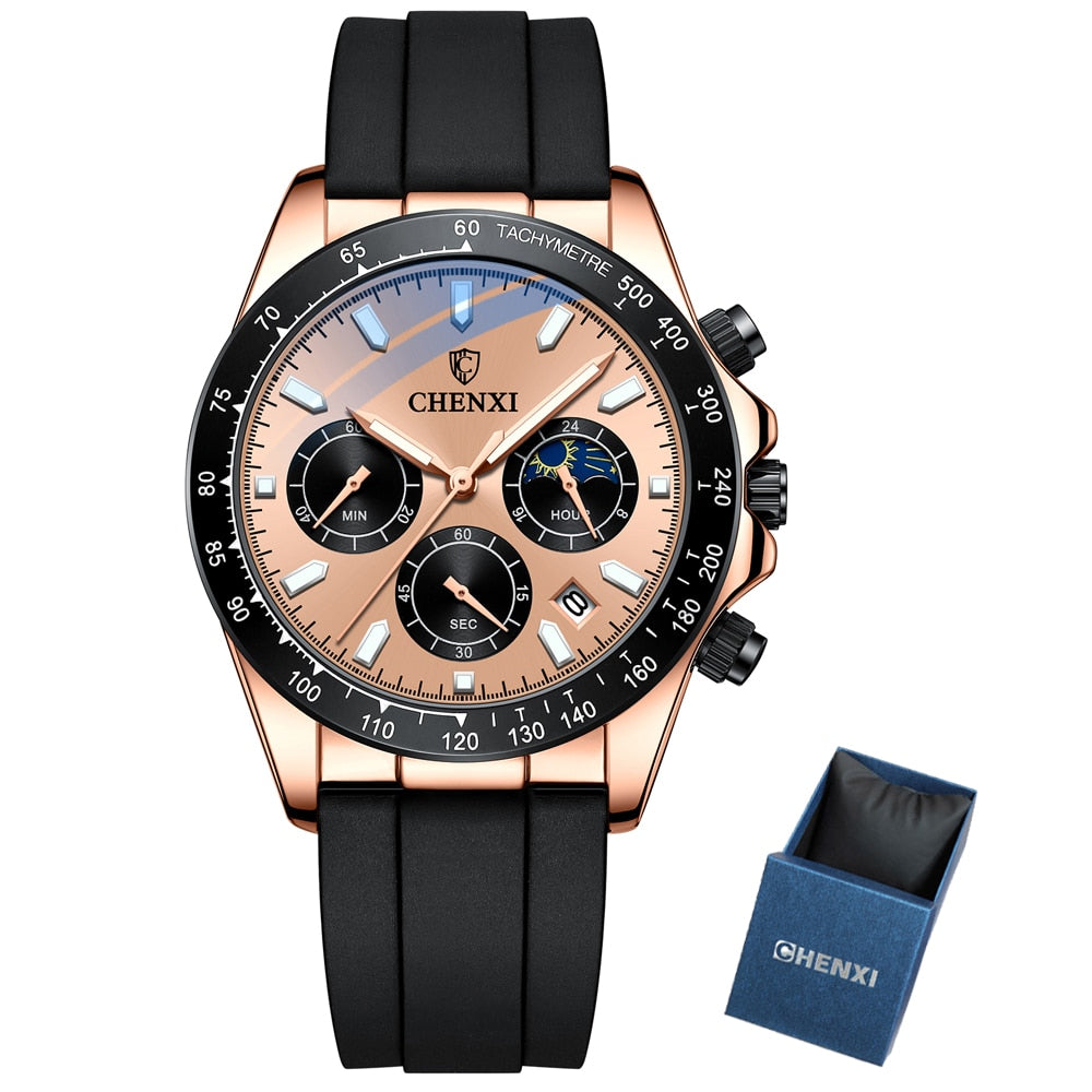 CHENXI Fashion Chronograph Mens Watches Date Waterproof Quartz Sport Wrist Watch Men Casual Leather Analog Watch Male Clock
