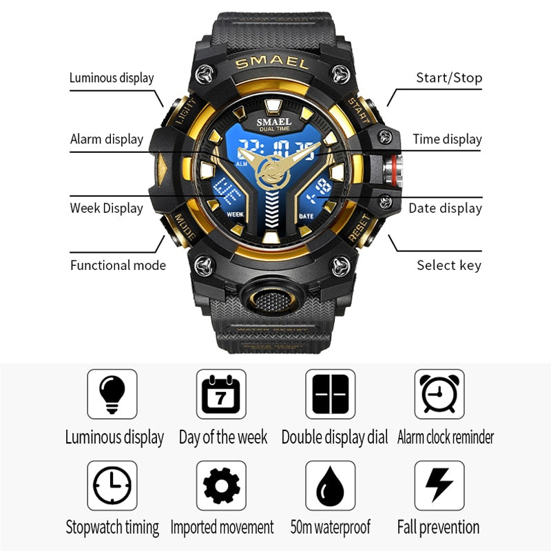 SMAEL Dual Display Sport Watch for Men Waterproof Luxury Blue Back Light LED Clock Men Quartz Digital Military Wristwatch Male