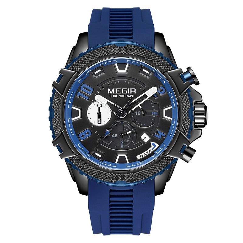 MEGIR Fashion Men Watches with Calendar Chronograph Waterproof Black Silicone Strap Sport Quartz Wristwatch Auto Date 24-hour