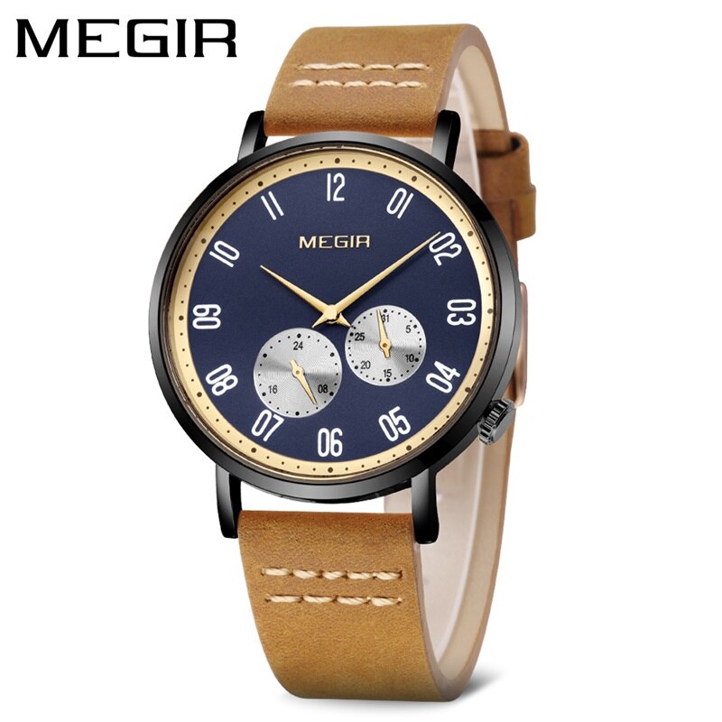 MEGIR Brown Leather Band Luxury Watches Fashion Quartz Wristwatch Brand Waterproof Analog Sport Watch Male Clock