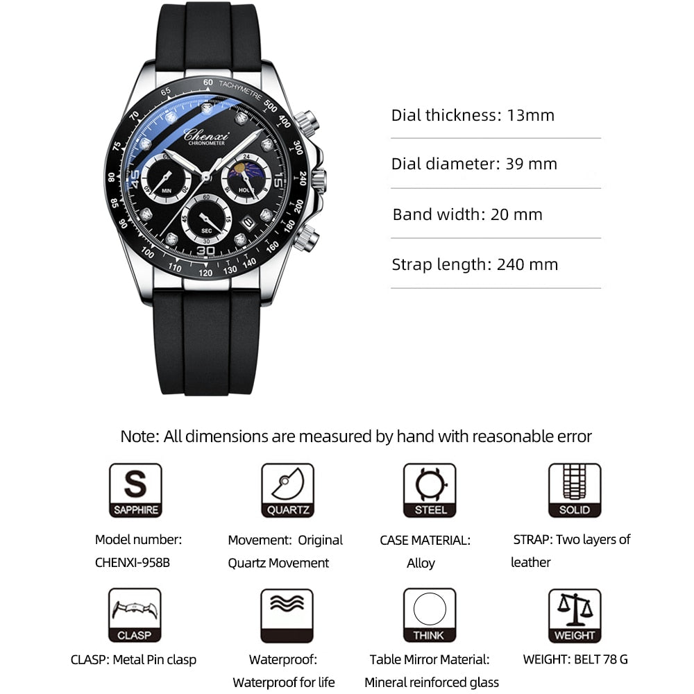 CHENXI Fashion Chronograph Mens Watches Date Waterproof Quartz Sport Wrist Watch Men Casual Leather Analog Watch Male Clock