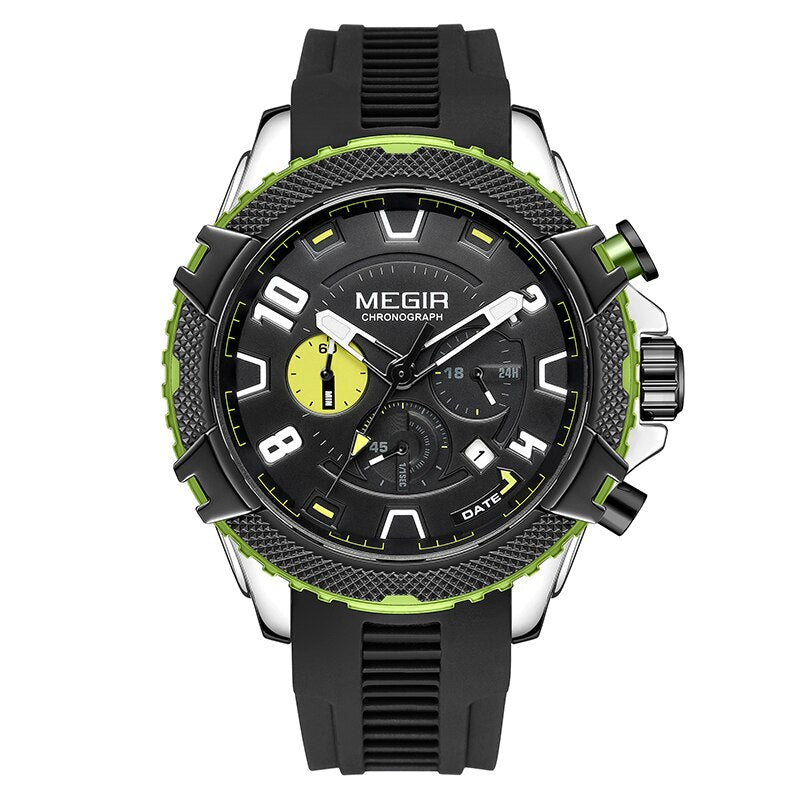 MEGIR Fashion Men Watches with Calendar Chronograph Waterproof Black Silicone Strap Sport Quartz Wristwatch Auto Date 24-hour