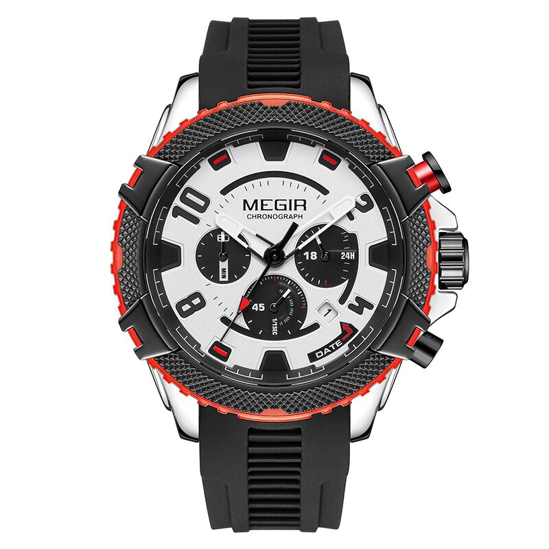 MEGIR Fashion Men Watches with Calendar Chronograph Waterproof Black Silicone Strap Sport Quartz Wristwatch Auto Date 24-hour