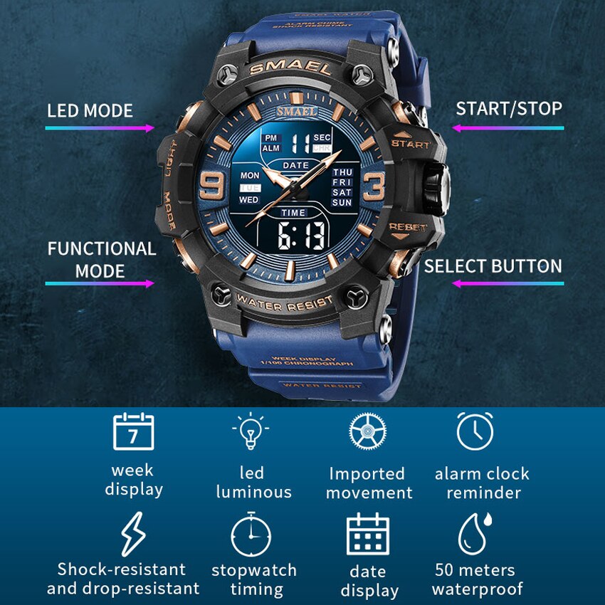 SAMEL Watch for Men Orange Dual Time Display Sport Wristwatch Stopwatch Alarm Army Military LED Digital Back Light Male Clock