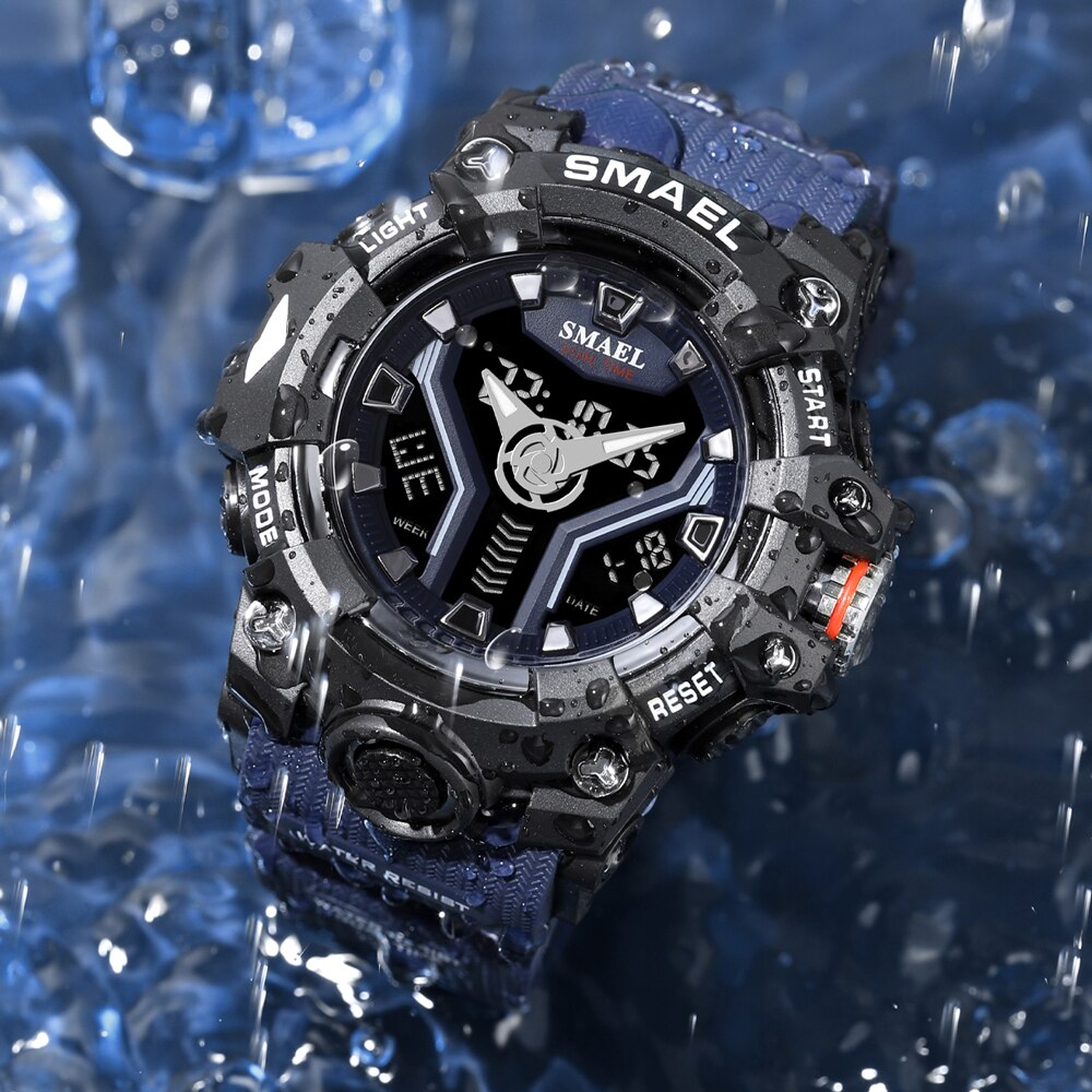 SMAEL Dual Display Sport Watch for Men Waterproof Luxury Blue Back Light LED Clock Men Quartz Digital Military Wristwatch Male